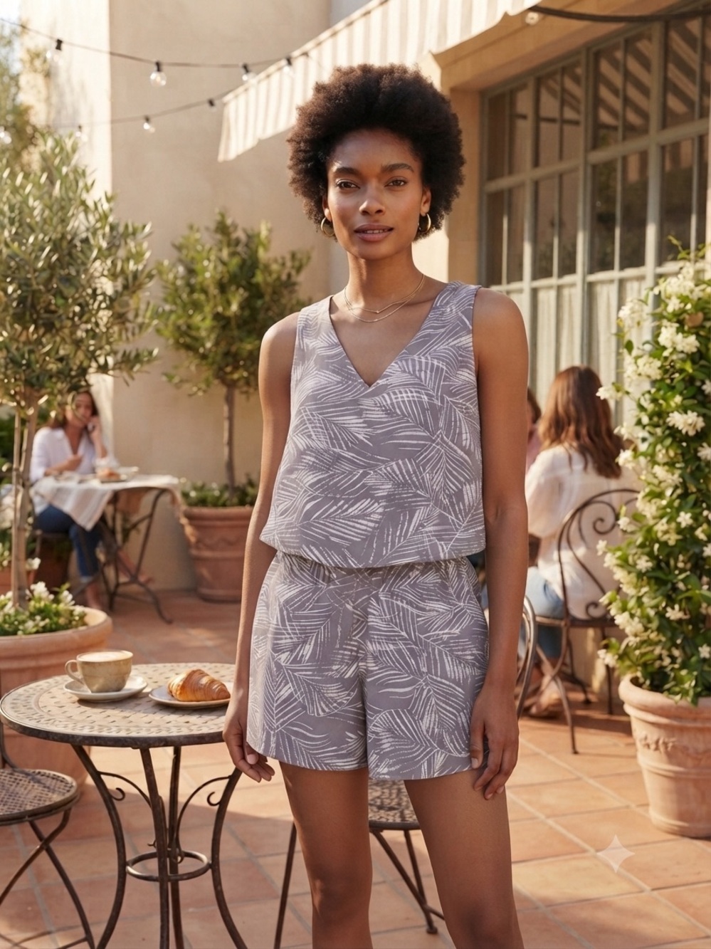 AKIRA Lavender-Gray Palm Print Sleeveless Romper